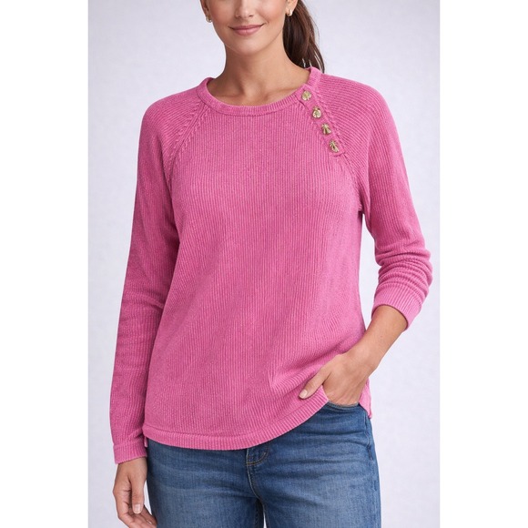 Lilly Pulitzer Pink Chenille Sweater Gold Shell Pineapple Palm Buttons Medium - Picture 2 of 10